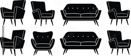 Black silhouette vector set of modern living room furniture including stylish armchairs and comfortable sofas in various professional design perspectives,