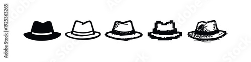 Fedora Hat Icons Set. Vector Illustration of Classic Headwear in Diverse Styles Including Pixel Art.