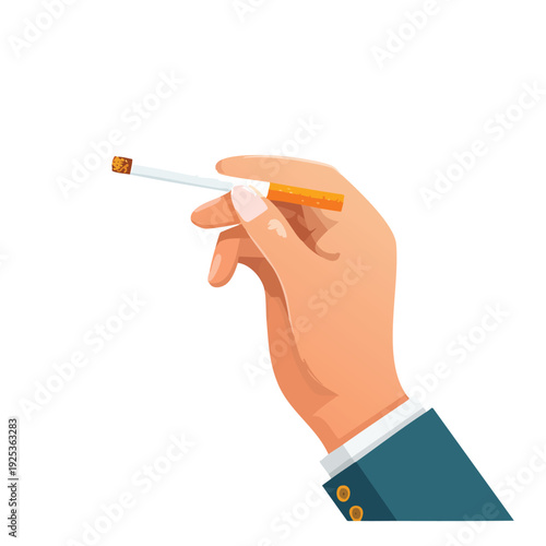 Hand holding a lit cigarette against a white background