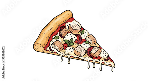 Delicious Slice of Pizza with Chicken, Mozzarella, and Basil - Isolated on White