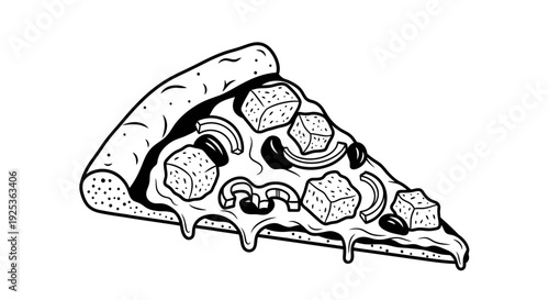 Delicious slice of pizza with tofu cubes, olives, and onions, black and white illustration