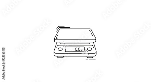 Digital kitchen scale with 0.0g reading, clean line art illustration on white background