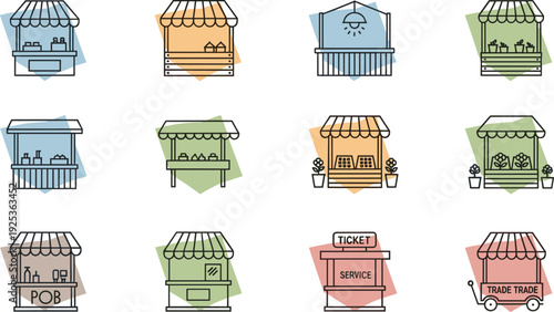 Market Stall and Small Shop Kiosk Vector Collection Street Retail Booth with Awning for Trade Fair Festival and Local Business Design.