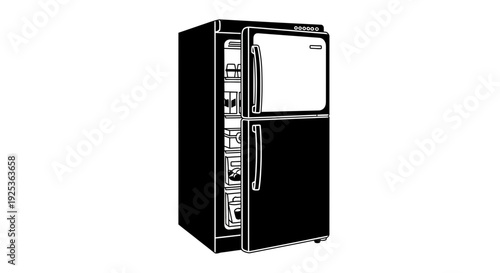 Open Black Refrigerator, Kitchen Appliance, Food Storage, Modern Design
