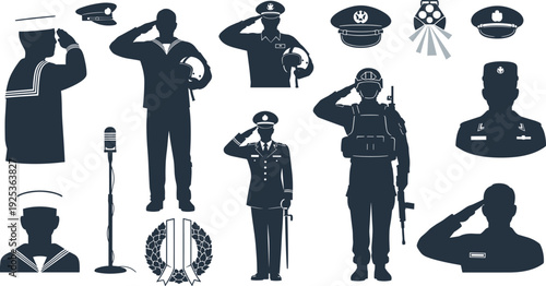 Military Salute Silhouette Collection Navy Army and Air Force Officers with Medals Microphone and Emblems for Patriotic Ceremony Design.