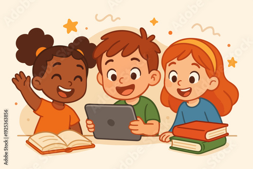 Cute cartoon style flat vector illustration of happy children learning online with tablet and books