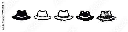 Classic Fedora Hat Icons Set. Vector Illustration of Headwear in Diverse Art Styles for Fashion Concepts.