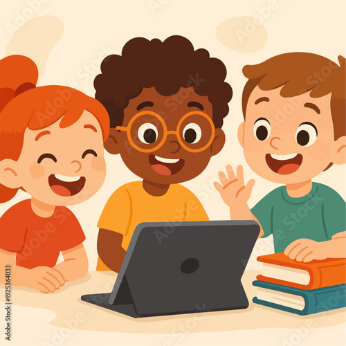 Cute cartoon style flat vector illustration of happy children learning online with tablet and books