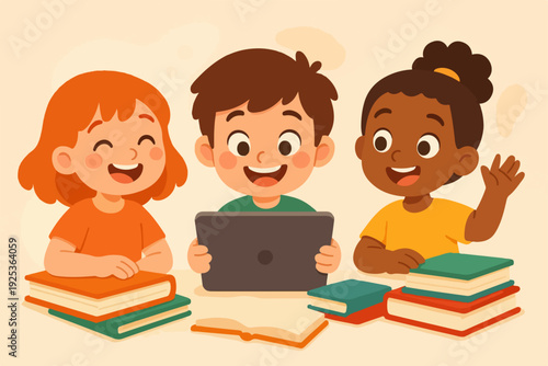 Cute cartoon style flat vector illustration of happy children learning online with tablet and books