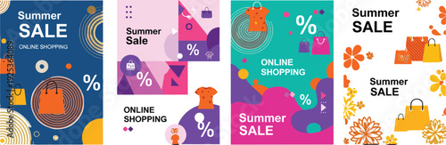 Summer Sale Online Shopping Banner Template Set with Shopping Bags, Clothing, Flowers, and Abstract Geometric Shapes cad drawing flat vector illustration