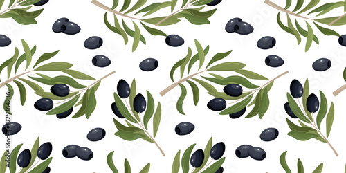 Seamless pattern featuring black olives and olive tree branches with green leaves on a light background, Mediterranean botanical vector illustration.
