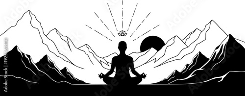 Wellness Tourism Meditation on Mountain Vector, Black and White Mindfulness Art
