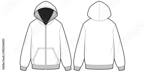 Zip up Hoodie Jacket with Kangaroo Pocket- Flat Technical Drawing -Front and Back View- Cad/ Vector Illustration