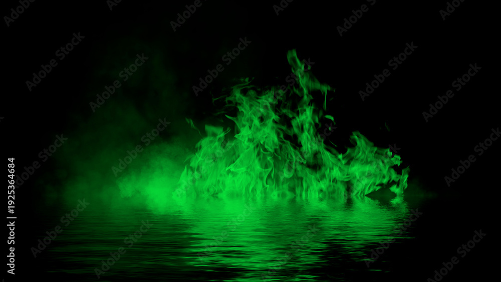 Fototapeta premium Blaze green fire flame texture overlays on isolated background with water reflection.
