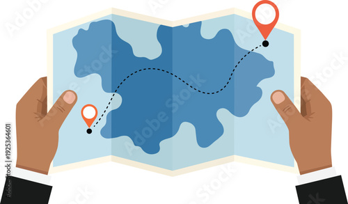 Hands holding map showing route and location pins for travel planning and navigation concept