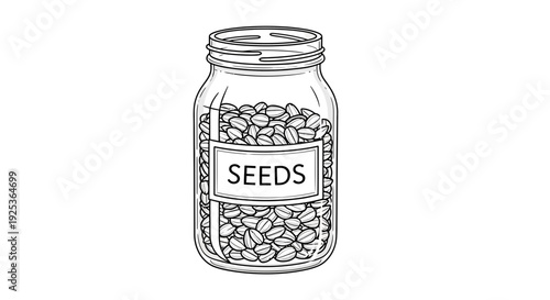 Hand-drawn illustration of a glass jar filled with seeds, labeled "SEEDS"