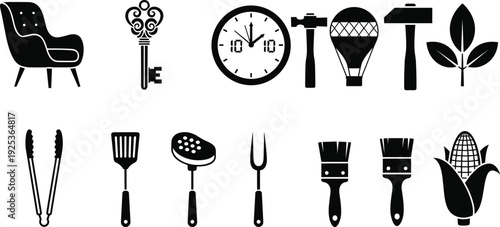 Black silhouette vector icon set featuring home furniture, kitchen tools, vintage key, wall clock, hammer, paint brushes, and organic food elements.