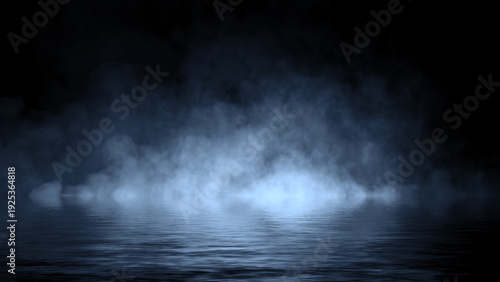 Blaze blue fire flame texture overlays on isolated background with water reflection.