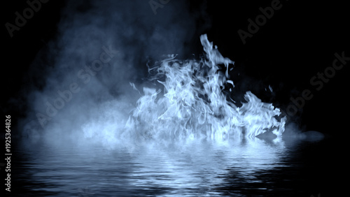 Blaze blue fire flame texture overlays on isolated background with water reflection.