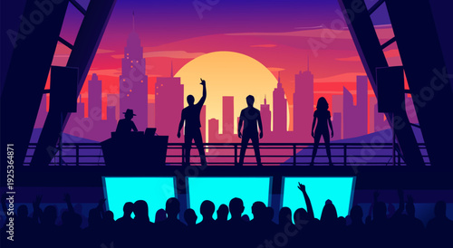 Vector illustration of a DJ and performers on stage with a city skyline at sunset, creating a vibrant and energetic atmosphere