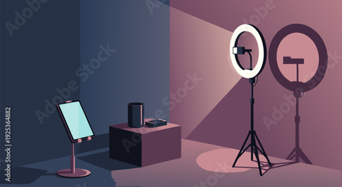 A vector illustration of a ring light setup for content creation with a tablet and speaker in a studio