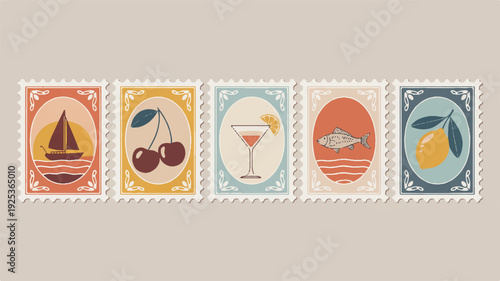 Five vintage postage stamp designs in a horizontal row with elegant ornate frames and scalloped borders