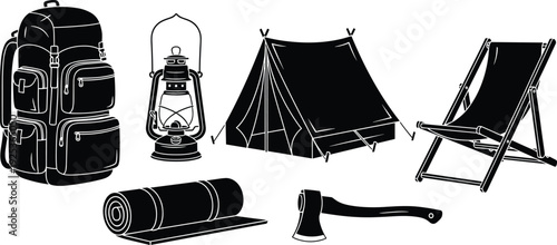 Vector silhouette collection of camping gear including tent backpack lantern axe sleeping mat and chair isolated on white background for travel