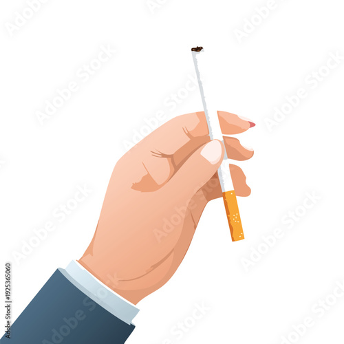 Hand holding lit cigarette isolated on white