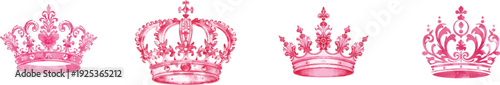 Watercolor pink ornamental crown with elegant swirling flourishes and a central floral motif is displayed against , creating a decorative royal set isolated on white background