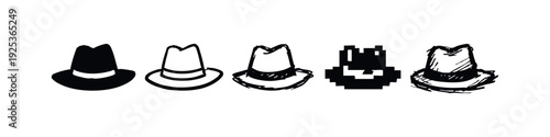 Collection of Fedora Hat Icons in Various Artistic Styles including Pixel Art.