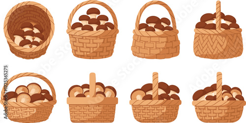 Mushroom Harvest in Wicker Basket Collection Rustic Handwoven Containers with Forest гриб Produce Vector Set for Autumn Farm Market Design.
