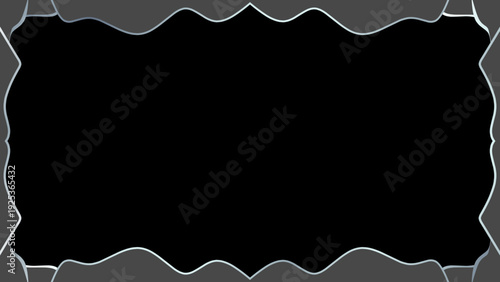 Abstract dark framed background with shimmering silver-grey undulating borders, ideal for text, images, or creative overlays, providing a mysterious and organic visual element