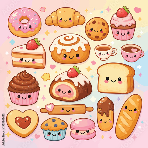 A delightful collection of kawaii-style baked goods and pastries, featuring cute characters with smiling faces and rosy cheeks, set against a soft, pastel gradient background.