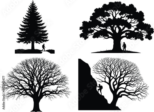 Vector silhouette collection of hikers and climbers near large trees and mountains for outdoor adventure travel and nature exploration design