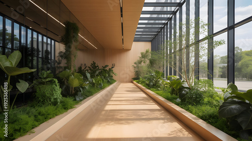 Botanical indoor pathway with modern architecture, natural light, and biophilic design.