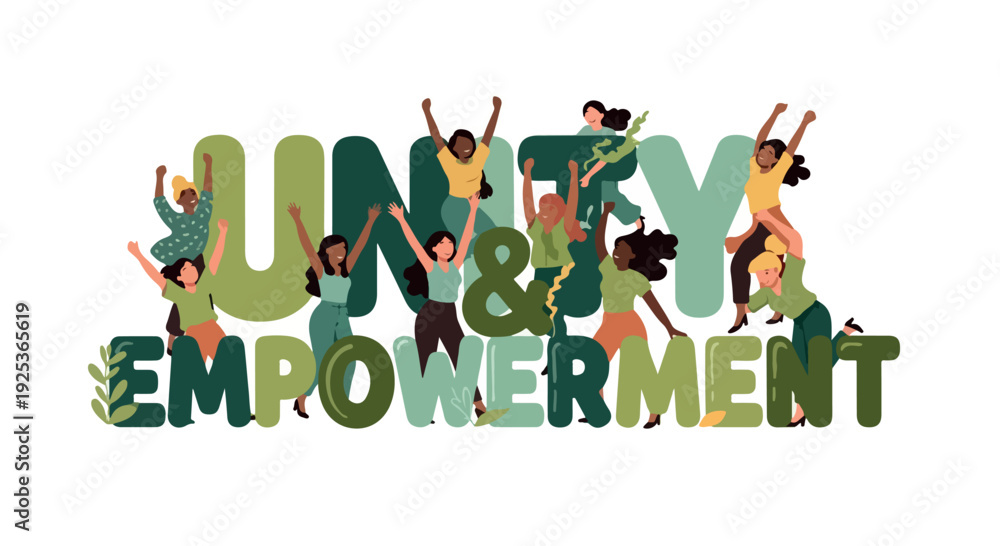 © Sandi - Illustration of diverse people jumping in unity and empowerment typography on white background with green color scheme.