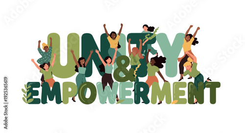 Illustration of diverse people jumping in unity and empowerment typography on white background with green color scheme.