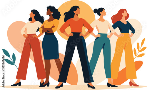 Empowered Diverse Women Standing Together Flat Vector Illustration.