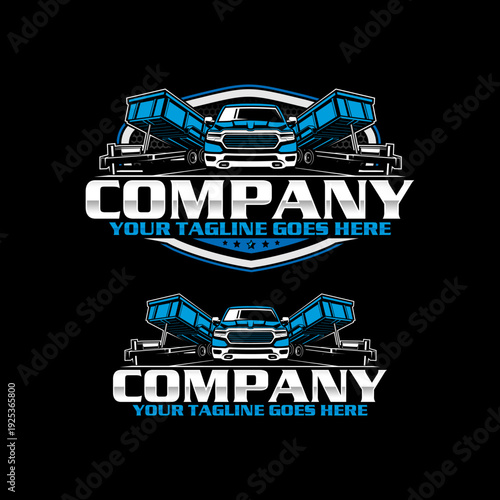 American Pickup Truck with Dump Trailer Logo Design, Heavy Duty Hauling Transport Vector Illustration