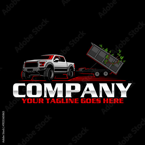 American Pickup Truck with Dump Trailer Logo Design, Heavy Duty Hauling Transport Vector Illustration