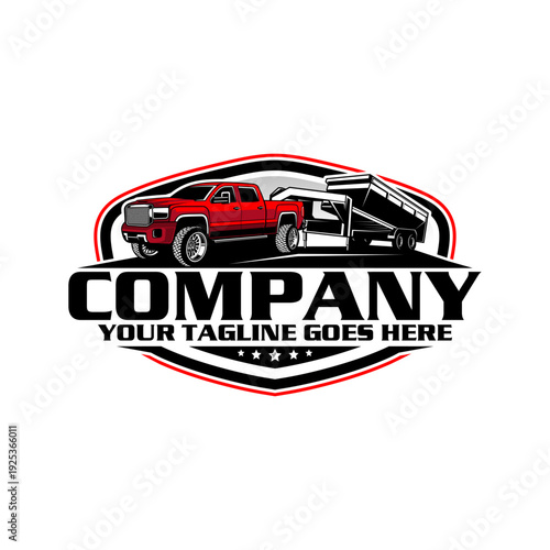 American Pickup Truck with Dump Trailer Logo Design, Heavy Duty Hauling Transport Vector Illustration