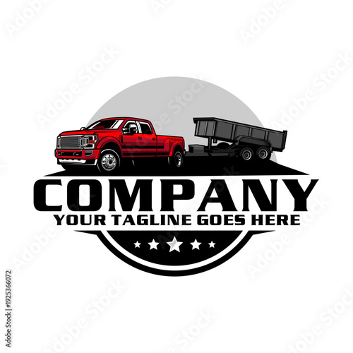 American Pickup Truck with Dump Trailer Logo Design, Heavy Duty Hauling Transport Vector Illustration
