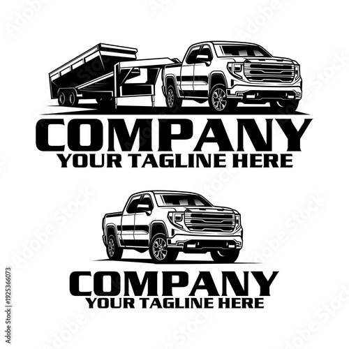 American Pickup Truck with Dump Trailer Logo Design, Heavy Duty Hauling Transport Vector Illustration