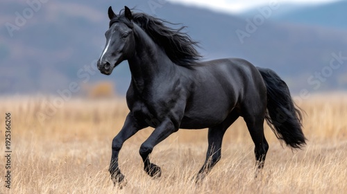 Black horse galloping through dry grassy field