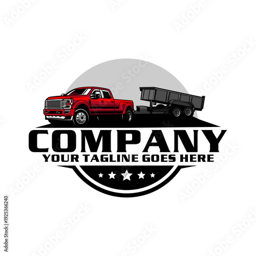 American Pickup Truck with Dump Trailer Logo Design, Heavy Duty Hauling Transport Vector Illustration
