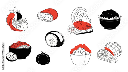 Culinary illustrations A vibrant collection of fresh food items, from ripe tomatoes and citrus slices to appetizing bowls of grains and seafood