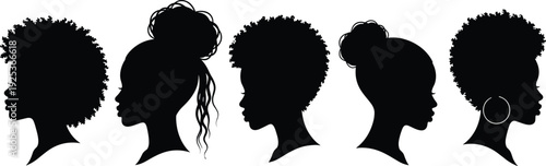 Black woman silhouette collection featuring natural afro hairstyles curly hair buns and profile portraits for diverse beauty and empowerment design concepts
