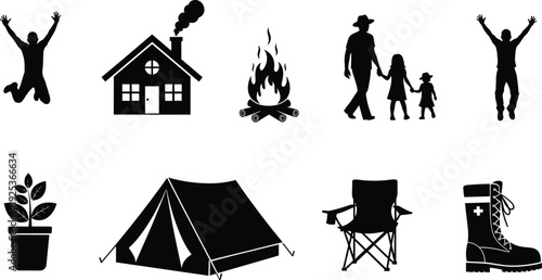 Camping and outdoor life icon set, family walking, tent, bonfire, cabin house, hiking boot, folding chair, jumping man silhouette icons.
