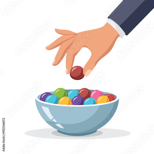 Hand selecting candy from a bowl white background