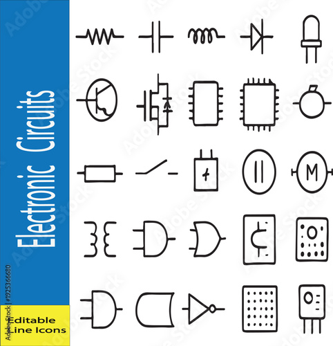 Electronic Circuits and Components Icon Set – Engineering Vector Collection